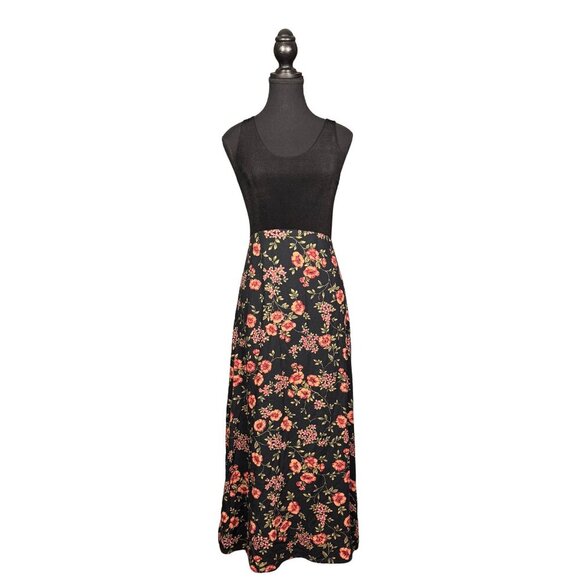 Vintage Whimsigoth Maxi Dress – Sheer Black Knit Bodice & Floral Skirt – Witchy - Picture 1 of 7